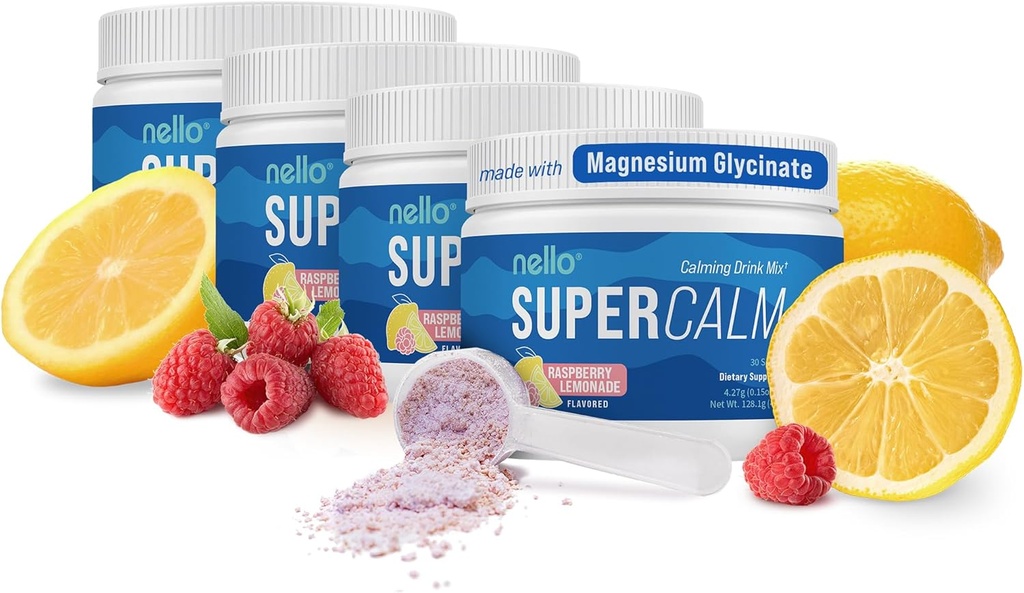 Nello Supercalm Drink Mix - Ashwagandha KSM 66, Μαγνήσιο Γλυκινικό, L-Θεανίνη, Βιταμίνη D3 - Ashwagandha Root Extract, Μαγνήσιο & L-Θεανίνη Συμπλήρωμα - 30 Σερβιέτες - 4 Συσκευασία