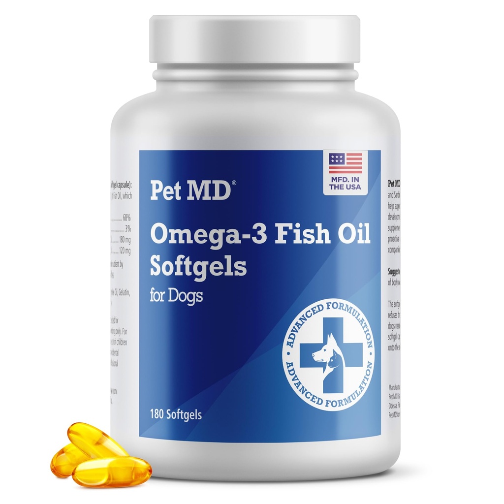 Pet MD – Ωμέγα 3 συμπλήρωμα ιχθυέλαιο για σκύλους – Δερμάτινο και παλτό Υποστήριξη για σκύλους – 180 Softgels