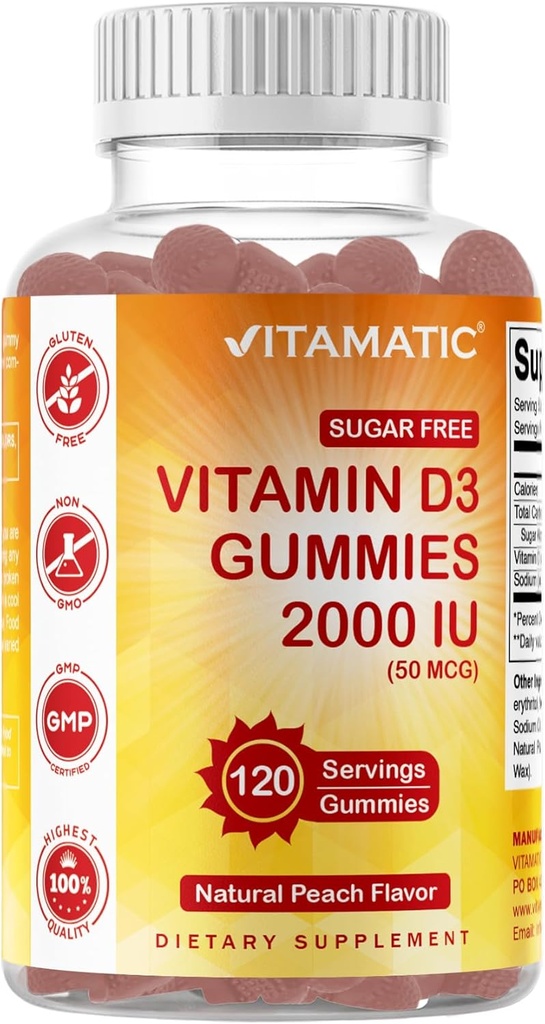 Vitamatic Sugar Free Vitamin D3 2000 IU - 120 Pectin Based Gummies - Μεγάλη Γεύση - Υγιή Οστά, Mood & ανοσοποιητικό σύστημα Λειτουργία - Μη ΓΤΟ - 120 Υπηρεσίες