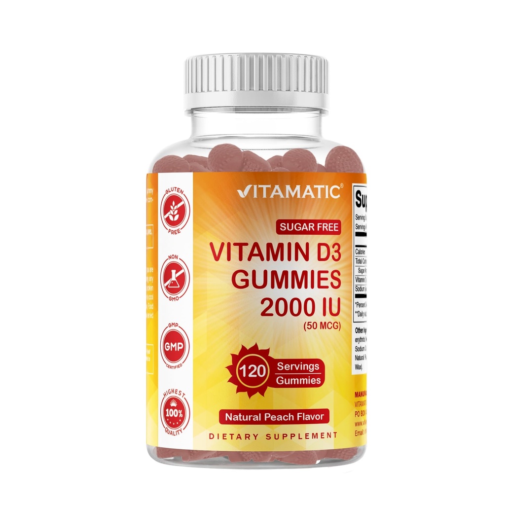 Vitamatic Sugar Free Vitamin D3 2000 IU - 120 Pectin Based Gummies - Great Taste - Healthy Bones, Mood & Immune System Function - Non-GMO - 120 Servings