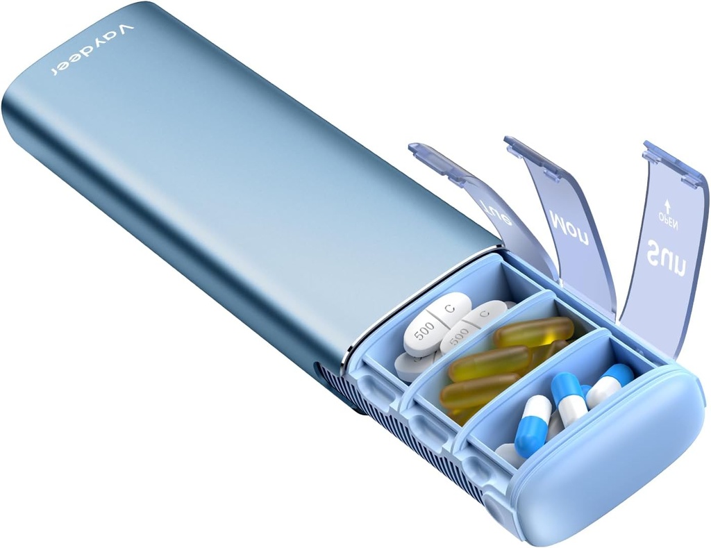 Vaydeer Metal Travel Pill Organizer, 7 Day Weekly Pill Box, Μεγάλη Χωρητικότητα Καθημερινή Χαριτωμένη περίπτωση Χάπια για Συμπληρώματα, Χάπια, Βιταμίνες και Φάρμακα (Μικρό, Μπλε)
