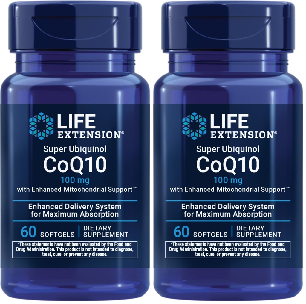 Life Extension Super Ubiquinol CoQ10 με ενισχυμένη Μιτοχονδριακή Υποστήριξη, Ισχυρή Καρδιά Υγεία & Κυτταρική Ενέργεια Υποστήριξη Παραγωγής, Ultra-απορροφήσιμη,Gluten-free,Non-GMO, 100 mg, 60 softgels (πακέτο των 2)