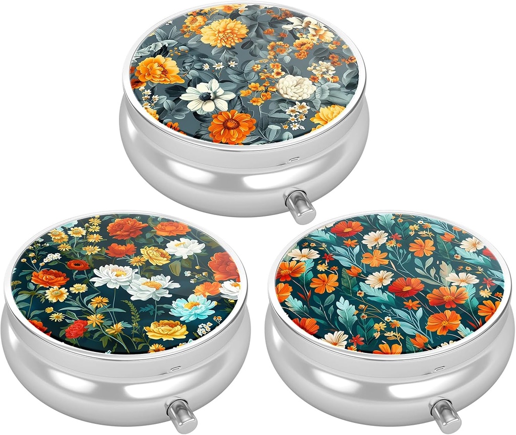 3 Pack Pill Box, Small Pill Case for Purse & Pocket, Cute Travel Medicine Organizer, Portable Medicine Container Holder to Hold Vitamins, Medication, Fish Oil & Supplement, Beautiful Flower