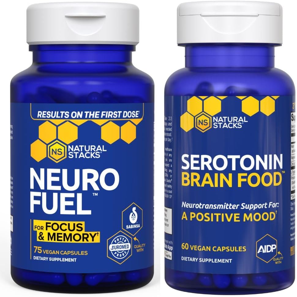 NATURAL STACKS NeuroFuel Nootropic + Serotonin Brain Food Bundle - Supports Memory, Mood & Focus* - 135 Total Capsules