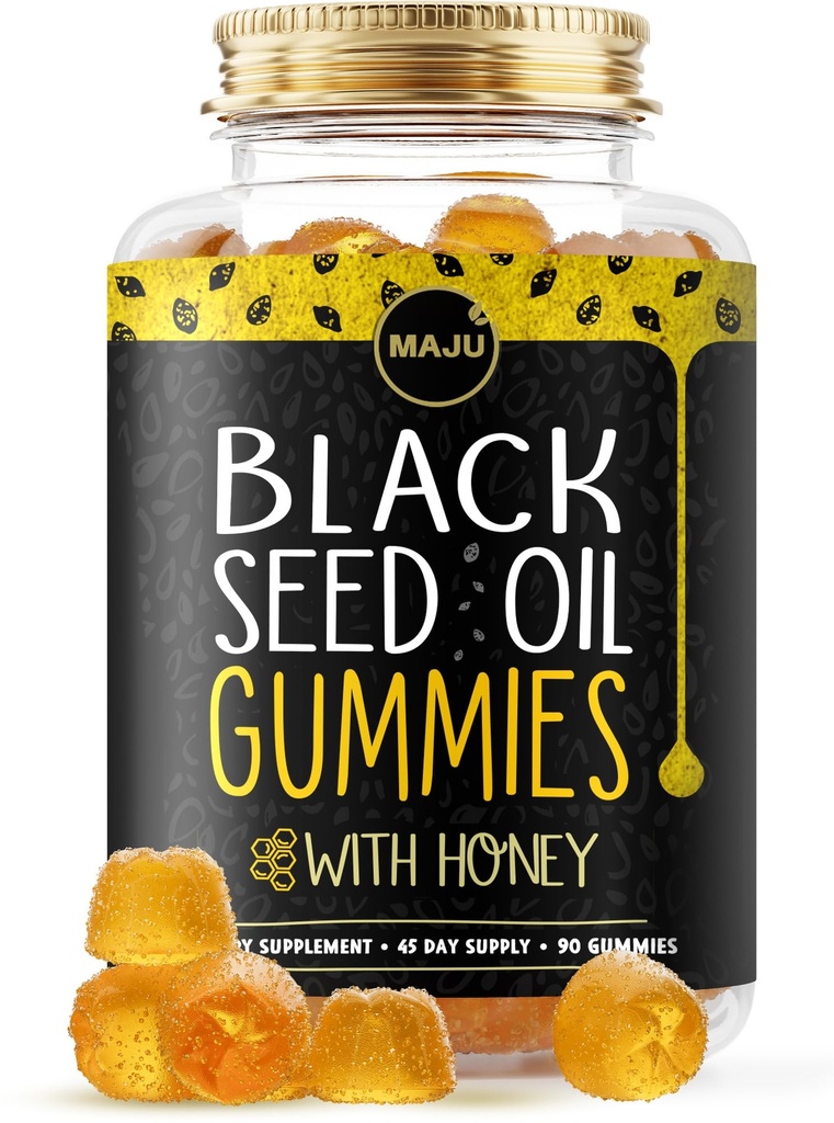 Μαύρο έλαιο σπόρων MAJU με μέλι 90ct, 500mg BSO Gummy, μαύρο σπέρμα Cumin Nigella Sativa Oil, κρύο-Pressed, ισχυρή Φόρμουλα, 90ct