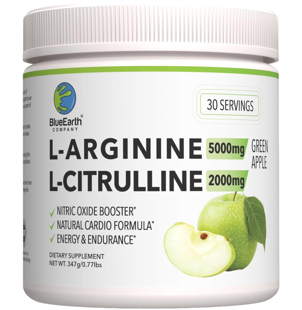 L-αργινίνη 5000mg + L-Citrulline 2000mg Complex Powder Supplement Drink Mix - Nitric Oxide Booster for Heart Health, Blood Flow & Energy - 30 Μερίδες (Green Apple)