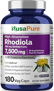 NusaPure Rhodiola Rosea 7,500mg 180 Veggie Capsules (Non-GMO, Extract 30:1, Vegan & Gluten-Free) Bioperine