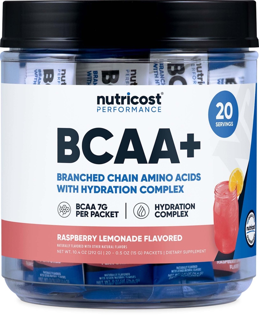 Nutricost BCAA+ Hydration Raspberry Lemonade (20 Stickpacks) - Διακλαδισμένη Αλυσίδα Αμινοξέα με Hydration Complex - Χωρίς γλουτένη, Μη ΓΤΟ