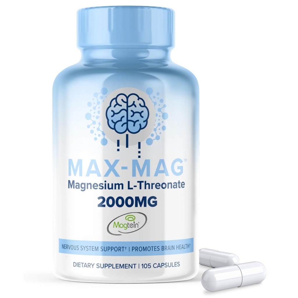 Max-Mag Μαγνήσιο L-Θρεονικό συμπλήρωμα - 105 κάψουλες Made in USA- Magtein 2000mg Complex with Vitamin D3 and K2 for Sleep, Mood & Brain Magnesium L Thereonate Κάψουλες Διατροφή από MaxLife Naturals