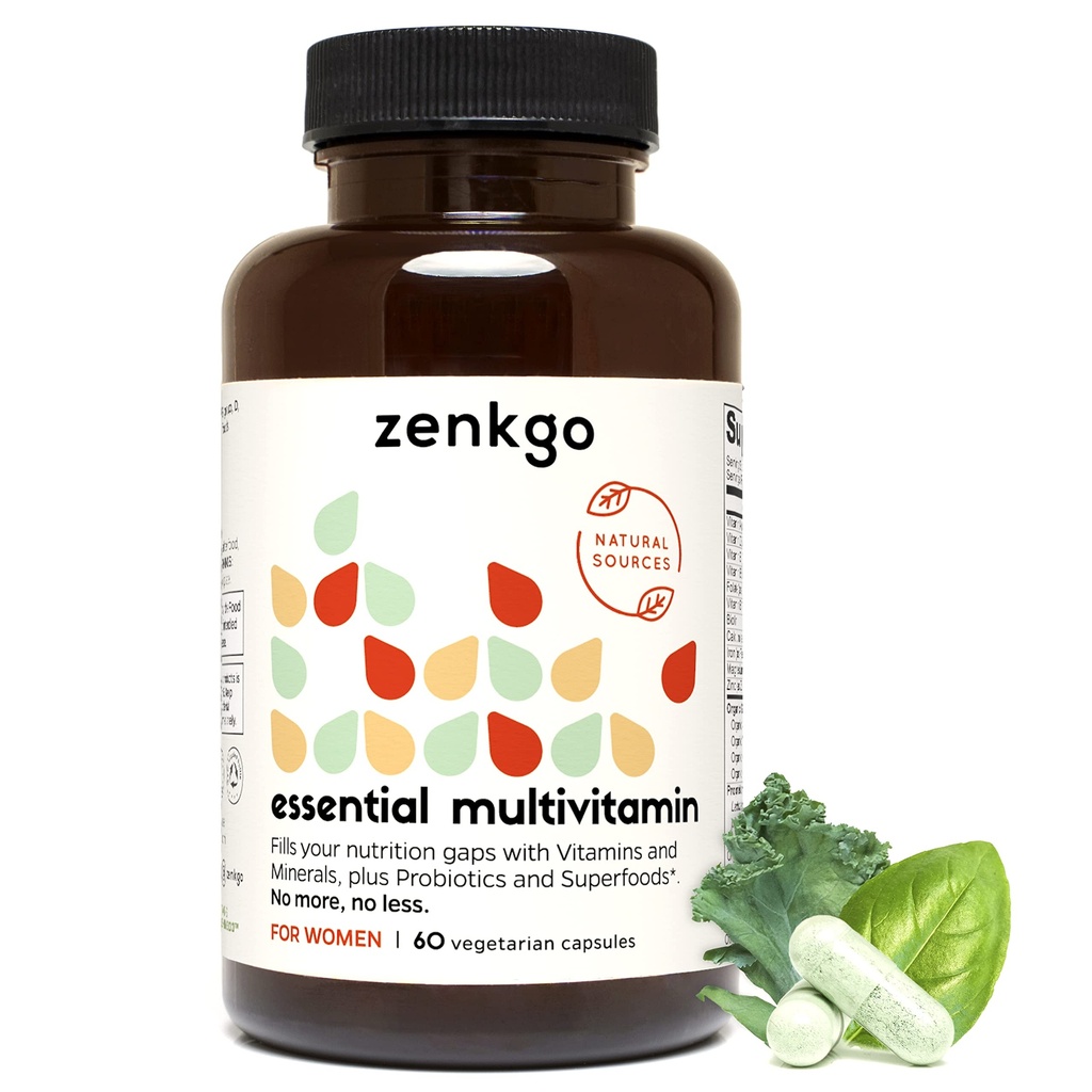 Zenkgo Γυναικείες Βιταμίνες + Προβιοτικά 25B CFU + Βιολογικά Ολόκληρα Τρόφιμα, Υποστηρίζει Ανοσία, Διέγερση, Ενέργεια, Ημερήσιες Βιταμίνες A, E, B6, B12, Vegan D3, K2 (MK-7), Folate, Ορυκτά, Superfoods(60Ct/30Day)