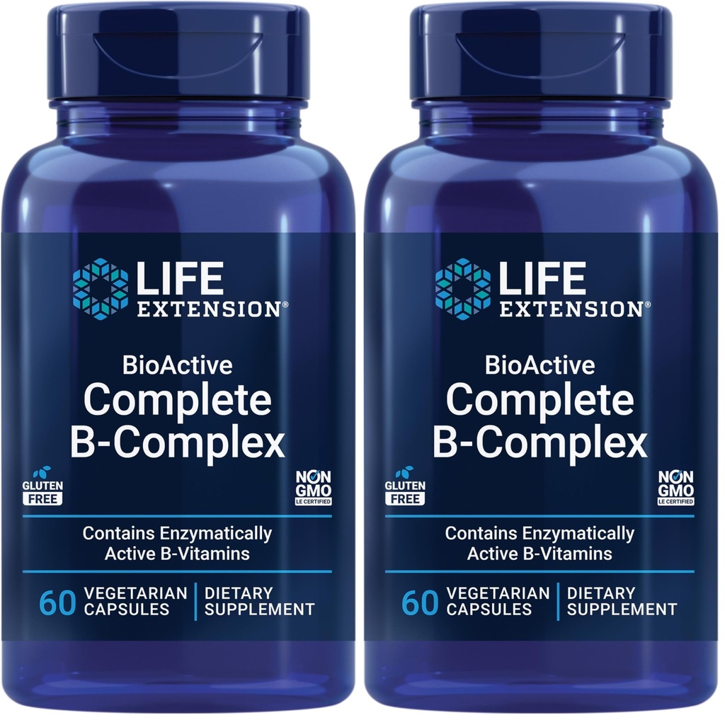 Life Extension BioActive Complete B-Complex, Heart, Brain and Nerve Support, Healthy Energy, Metabolism, Complete B Complex, 60 Vegetarian Capsules, (Pack of 2)