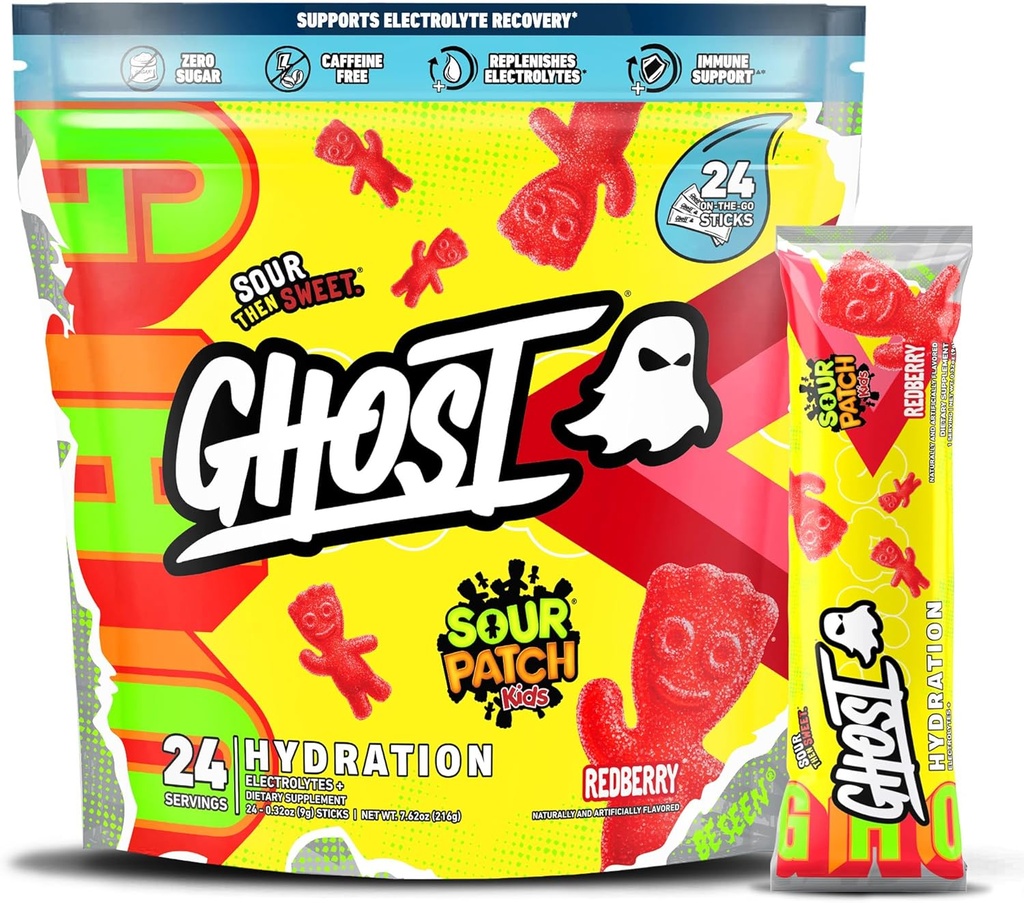 GHOST Hydration Packets, Sour Patch Kids Redberry, 24 Sticks, Ηλεκτρολυτική σκόνη - Συμπλήρωμα μειγμάτων ποτών με μαγνήσιο, κάλιο, ασβέστιο, βιταμίνη C - Vegan, χωρίς σόγια, ζάχαρη & γλουτένη