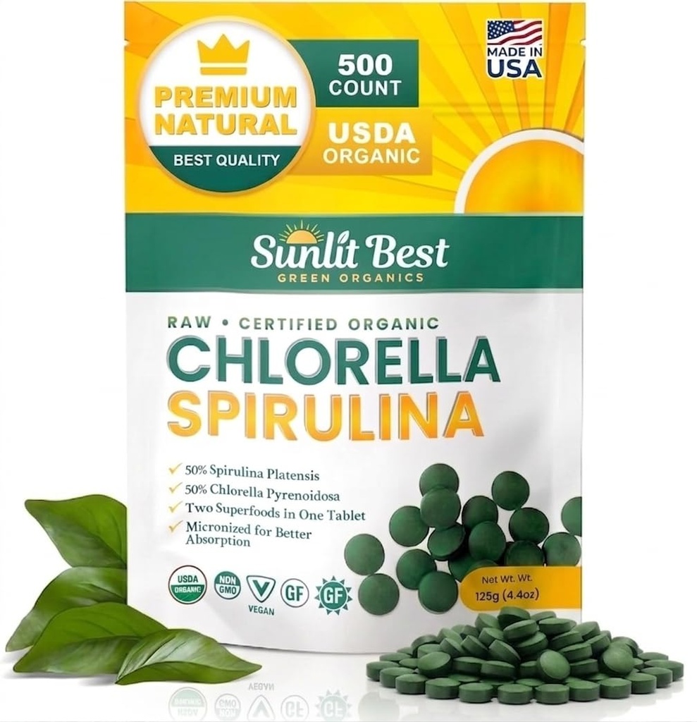 Sunlit Best Chlorella Spirulina Tablets - Βιολογικά δισκία USDA, Premium Spirulinas και Chlorella Κάψουλες 500 χάπια - Chlorellas Natural Superfood με Spirulina Algae, Ένζυμα Χλωροφύλλης & Vegan Protein