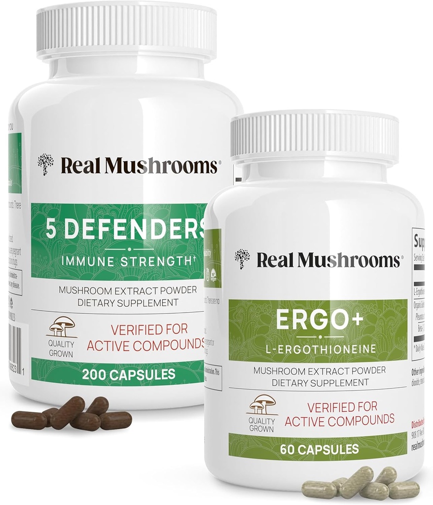 Real Mushrooms Ergothioneine (60ct) και 5 Defenders (200ct) Bundle - με Turkey Tail, Shiitake, Reishi, Chaga, Maitake, Oyster - Φυσική μακροβιότητα και ανοσοποιητική δύναμη - Vegan, Χωρίς γλουτένη, Μη ΓΤΟ