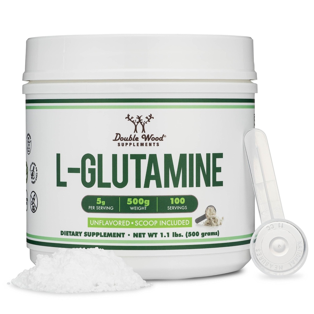 L Glutamine Powder 1.1lbs (100 μερίδες των 5 Grams κάθε - τρίτο μέρος δοκιμαστεί L-Glutamine Powder) Άγευστη, Keto, Vegan Φιλική (με Scoop) για την Άσκηση Υπομονής και την Οπίσθια Υγεία από Διπλό Ξύλο