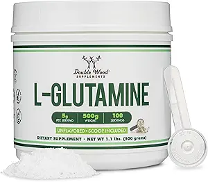 L Glutamine Powder 1.1lbs (100 μερίδες των 5 Grams κάθε - τρίτο μέρος δοκιμαστεί L-Glutamine Powder) Άγευστη, Keto, Vegan Φιλική (με Scoop) για την Άσκηση Υπομονής και την Οπίσθια Υγεία από Διπλό Ξύλο