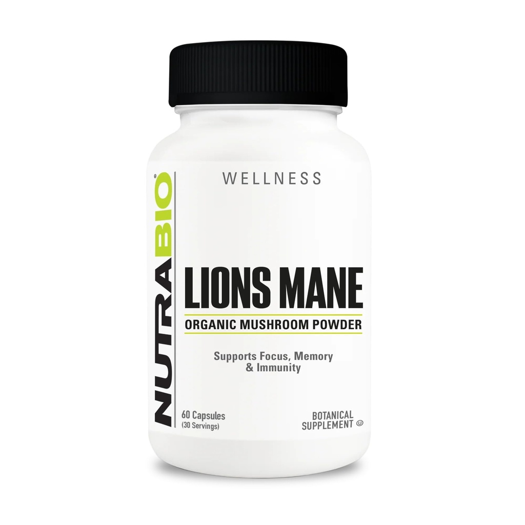 NutraBio Organic Lion's Mane Mushroom Supplement Capsules - 500mg Powder - Focus, Memory, Immunity Support - 60 Vegetable Capsules