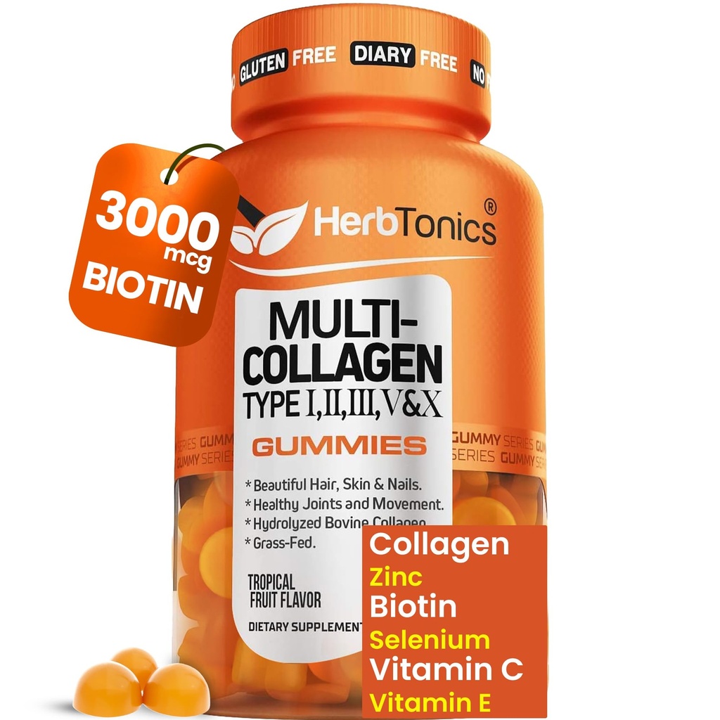 Βότανο πολλαπλών κολλαγόνων Gummies με Βιοτίνη & Βιταμίνη C, Υδρολυμένο κολλαγόνο Peptides Τύποι I, II, III, V, X για μαλλιά, δέρμα, νύχια, & υποστήριξη οστών - Τροπική Γεύση, 60 Gummies