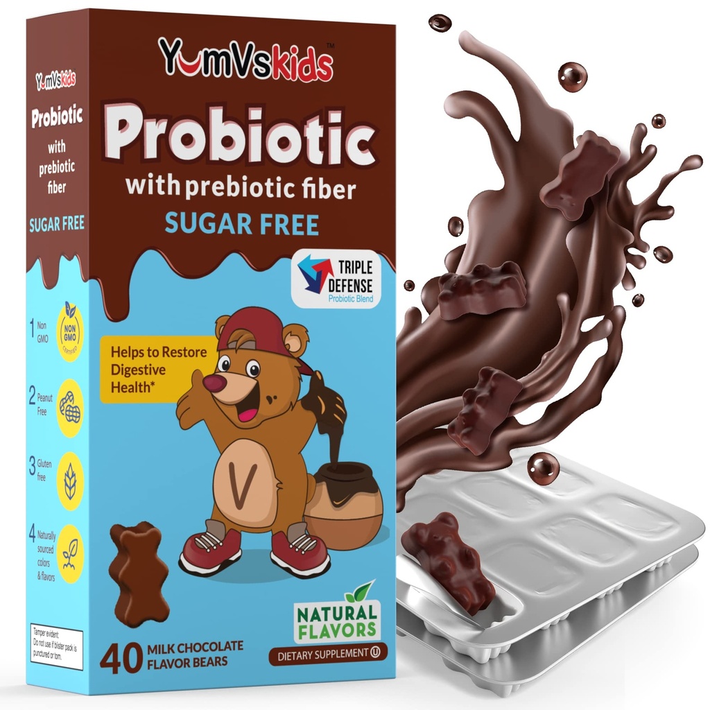 YumVs Probiotics για παιδιά με προβιοτική ζάχαρη Ίνες Δωρεάν σοκολάτα Chewable συμπληρώματα - συμπλήρωμα διατροφής Chewables για Digestive Health - Toddlers, παιδιά & έφηβοι 60 Count