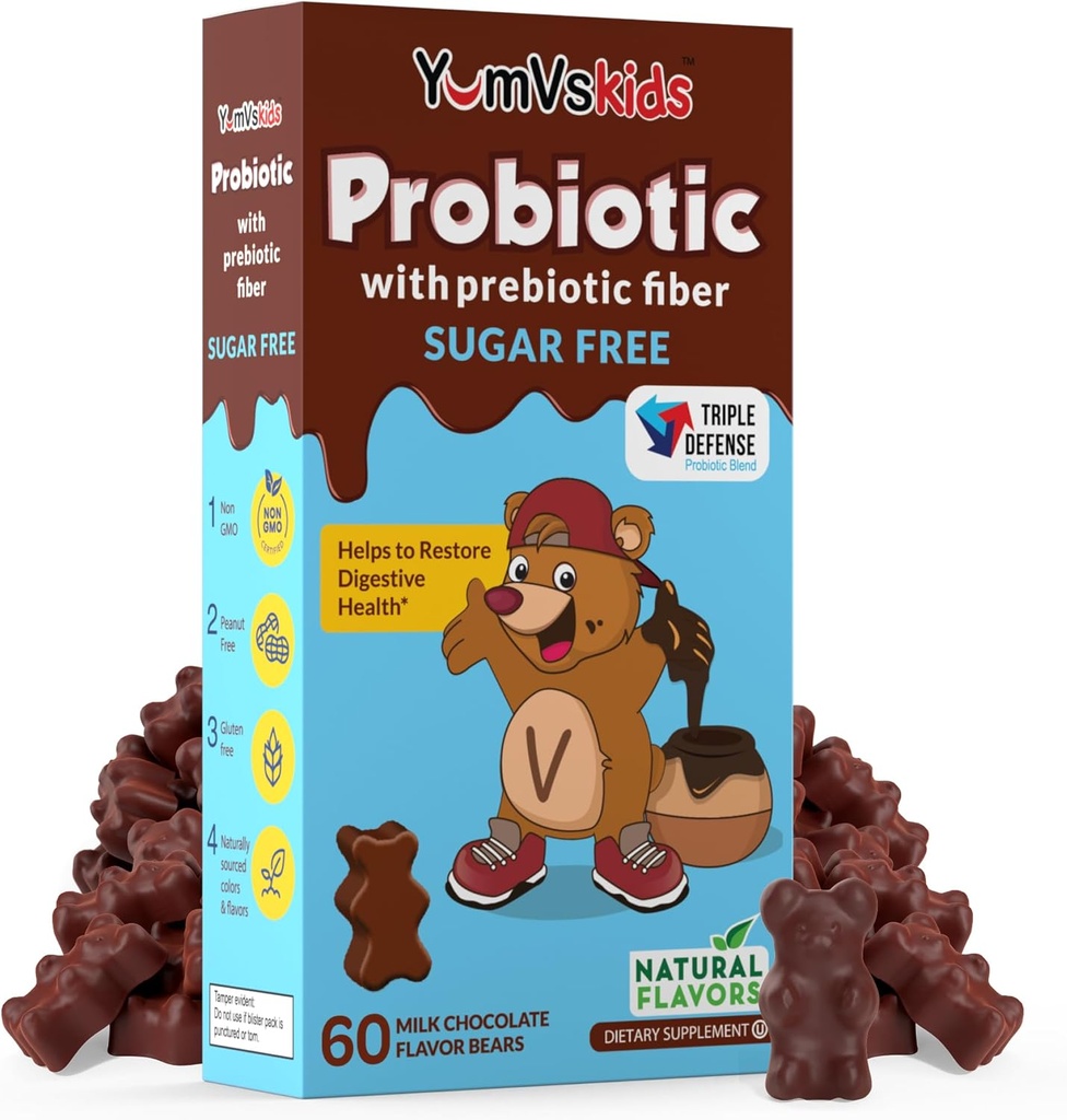 YumVs Probiotics για παιδιά με προβιοτική ζάχαρη Ίνες Δωρεάν σοκολάτα Chewable συμπληρώματα - συμπλήρωμα διατροφής Chewables για Digestive Health - Toddlers, παιδιά & έφηβοι 60 Count
