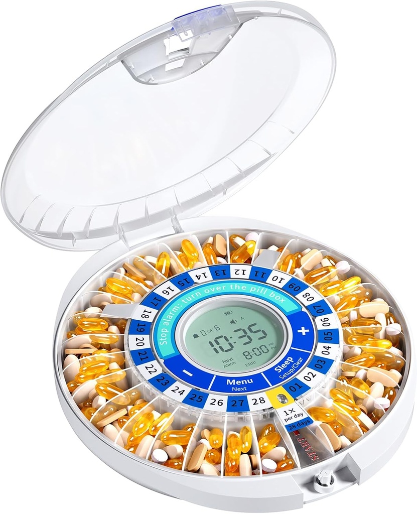 Daviky Αυτόματη διανομή χαπιών για ηλικιωμένους με συναγερμό, 28-Day ηλεκτρονικό κουτί κλειδωμένων χαπιών, ήχου & φωτός υπενθυμίσεις για τη φαρμακευτική αγωγή, βιταμίνες, και συμπληρώματα (μπλε)
