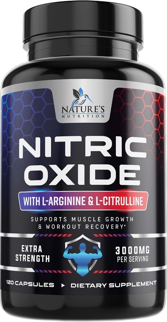 Nitric Oxide Booster Extra Strength 3000mg - 3X Strength L-αργινίνη & κιτρουλίνη, Best Nitric Oxide Συμπληρώματα για τους άνδρες, Υποστηρίζει τους μυς, την υγεία της καρδιάς, το συμπλήρωμα ενέργειας, Εμφιαλωμένο στις ΗΠΑ, 120 κάψουλες