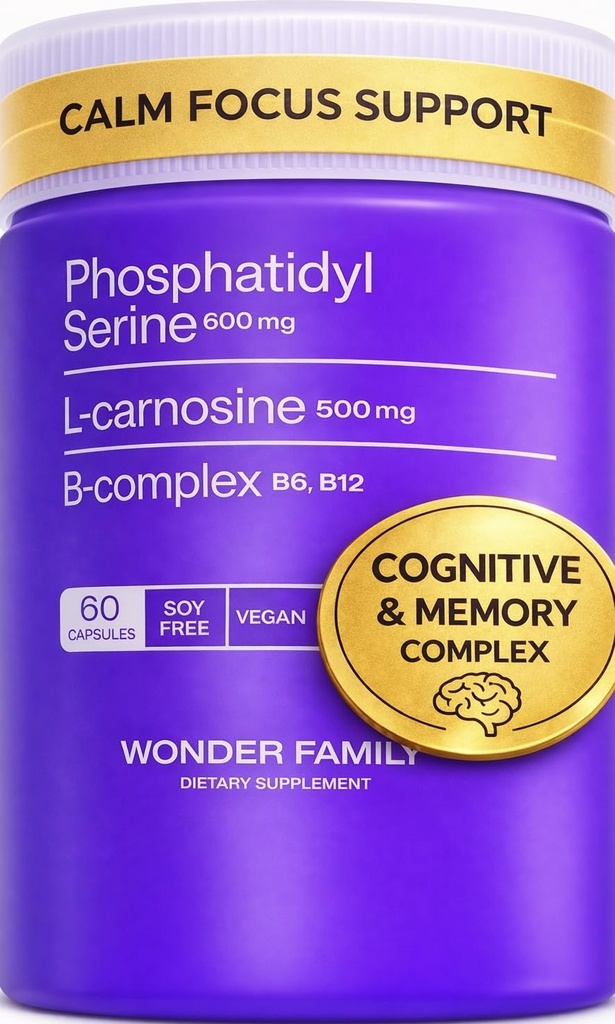 Phosphatidylserine 600 mg με L- Καρνοσίνη 500 mg + B6, B12 & Folate — Σύμπλεγμα PS λεκιθίνης με ηλιοτρόπιο μη σόγιας — Μη ΓΤΟ με βάση φυτά — Υποστηρίζει Γνωστική λειτουργία, Ακεραιότητα μεμβρανών κυττάρων — 60 κάψουλες