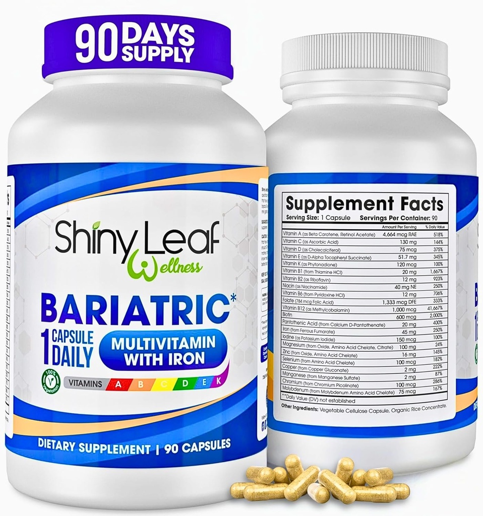 Shiny Leaf Bariatric Multivitamin with Iron - 45 mg for Gastric Bypass, Sleeve Gastrεκτομή, Roux-en-Y, Duodenal Switch - 22 Βιταμίνες & Ορυκτά, ASMBS Compliant, Vegetarian, Made in USA, GMP, 90 Ct.