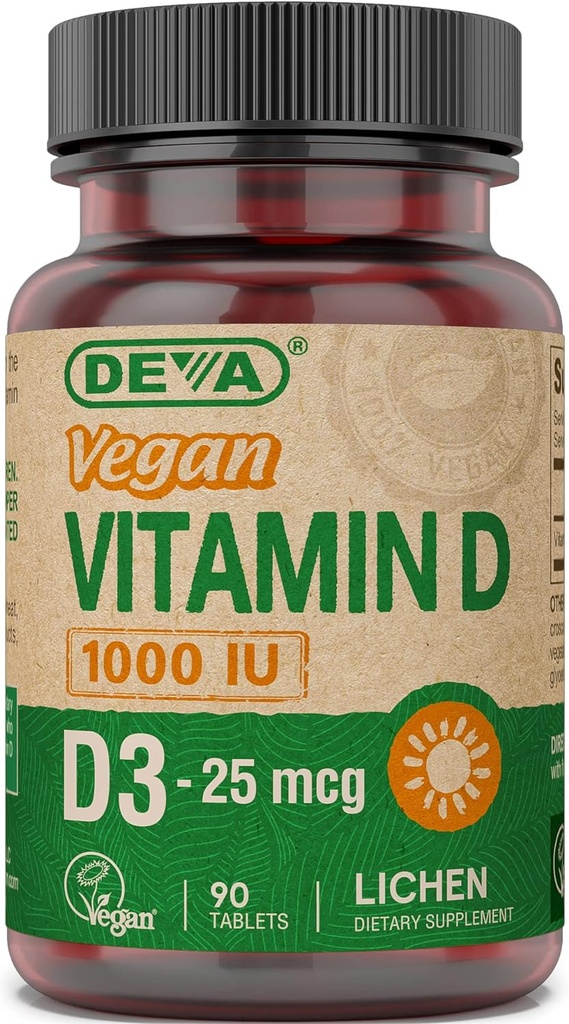 DEVA Vegan Vitamin D3 Supplement - Δισκίο άπαξ ημερησίως με 1000 IU - Χοληκαλσιφερόλη - Λίχεν Plant Derived - 90 Μικρά Δισκία
