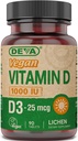 DEVA Vegan Vitamin D3 Supplement - Δισκίο άπαξ ημερησίως με 1000 IU - Χοληκαλσιφερόλη - Λίχεν Plant Derived - 90 Μικρά Δισκία