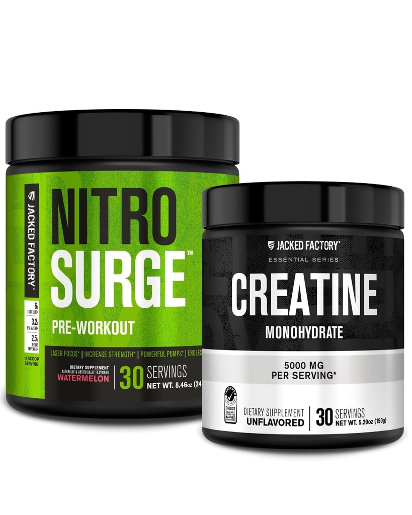 Jacked Factory NITROSURGE Pre-Workout Supplement - Έντονες Αντλίες (30 σερβιρίσματος, Καρπούζι) & Creatine Monohydrate Σκόνη για την ανάπτυξη των μυών (30 σερβιέτες, χωρίς γεύση)