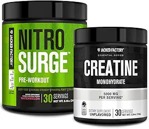Jacked Factory NITROSURGE Pre-Workout Supplement - Έντονες Αντλίες (30 σερβιρίσματος, Καρπούζι) & Creatine Monohydrate Σκόνη για την ανάπτυξη των μυών (30 σερβιέτες, χωρίς γεύση)
