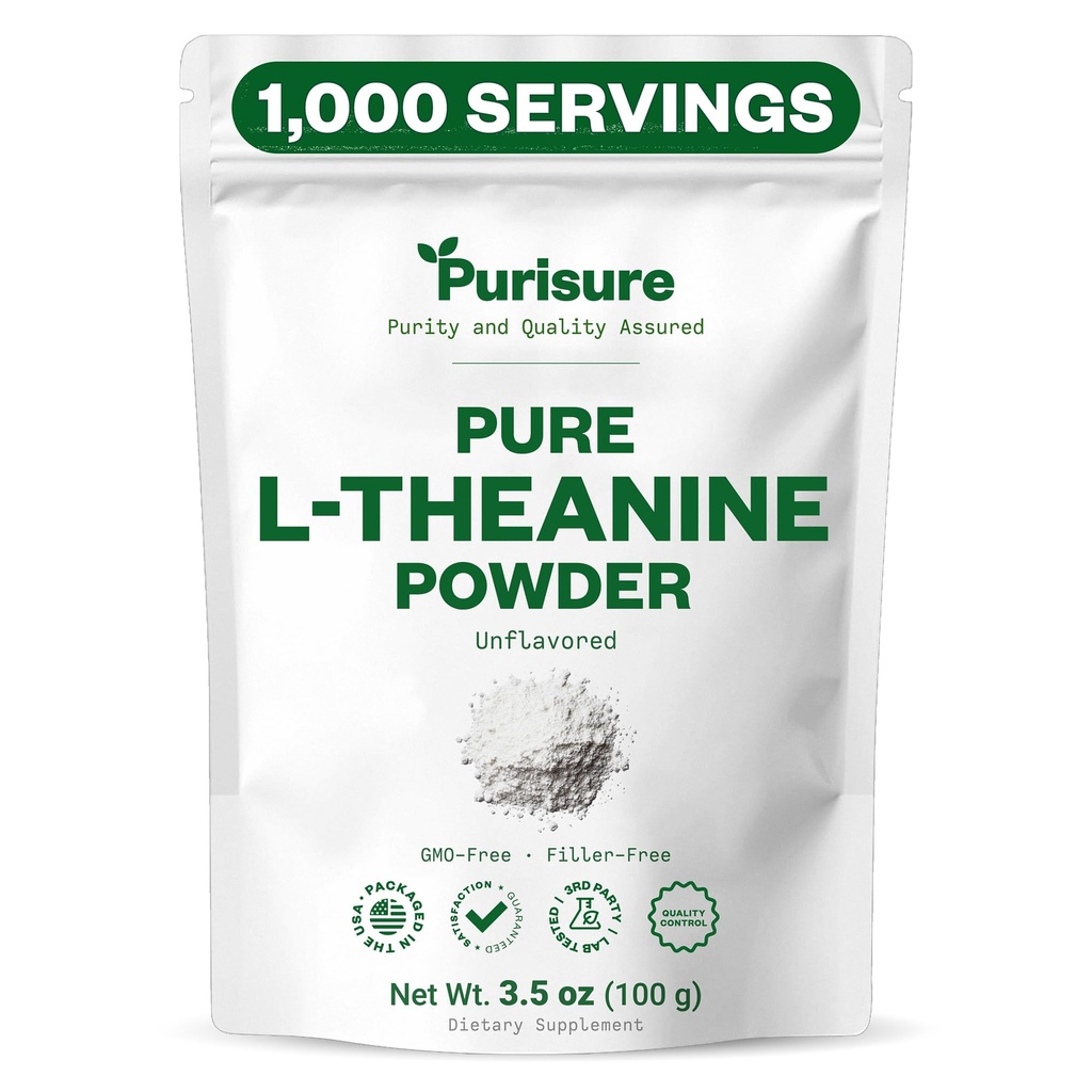 Purisure L-Theanine Powder, 100 g, Pure L Theanine Powder που προάγει την χαλάρωση και την εστίαση, συμπλήρωμα για τη γνωστική λειτουργία, χωρίς πληρωτικά, μη GMO, 1000 υπηρεσίες
