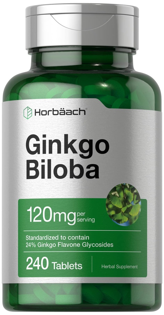 Horbäach Ginkgo Biloba Supplement | 120mg | 240 Tablets | Standardized Herbal Extract | Flavone Glycosides | Vegetarian, Non-GMO, and Gluten Free