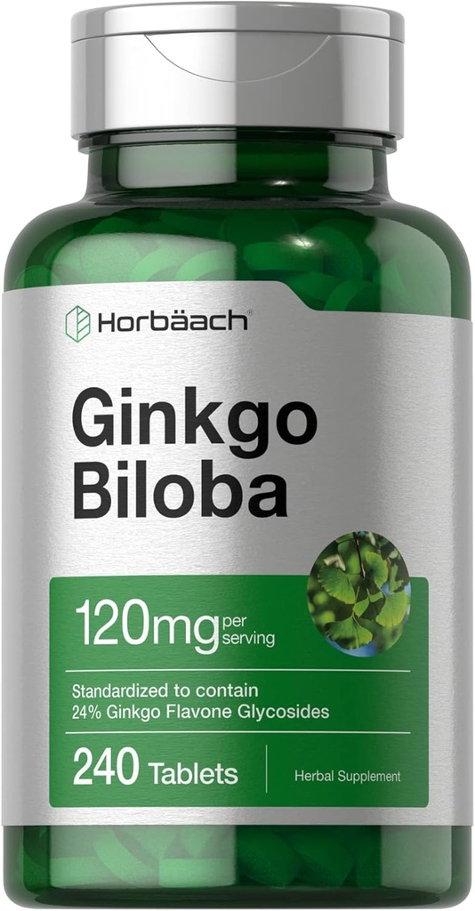 Horbäach Ginkgo Biloba Supplement | 120mg | 240 Tablets | Standardized Herbal Extract | Flavone Glycosides | Vegetarian, Non-GMO, and Gluten Free
