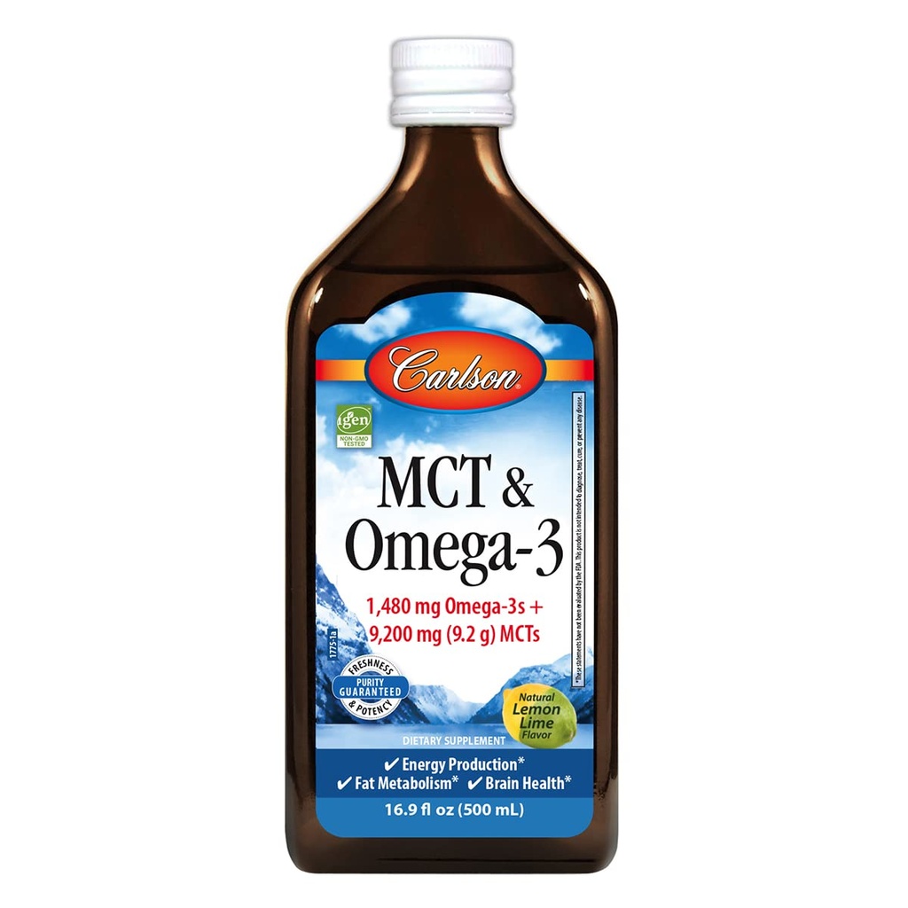 Carlson - MCT & Omega-3, 1480 mg Omega-3s, 9200 mg MCTs, Keto-Friendly, Caprylic & Capric Acids, Ενεργειακή Παραγωγή, Λιπαρά Μεταβολισμός, Λεμόνι-Lime, 500 mL (16, 9 Fl Oz)