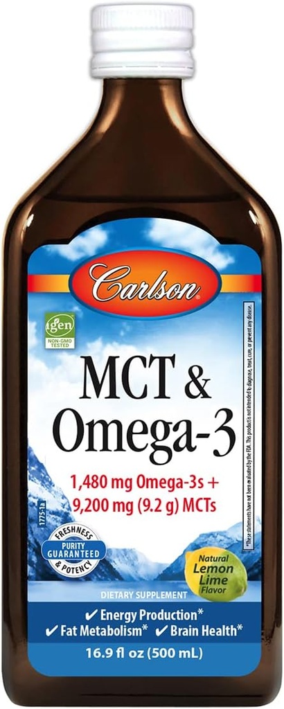 Carlson - MCT & Omega-3, 1480 mg Omega-3s, 9200 mg MCTs, Keto-Friendly, Caprylic & Capric Acids, Ενεργειακή Παραγωγή, Λιπαρά Μεταβολισμός, Λεμόνι-Lime, 500 mL (16, 9 Fl Oz)
