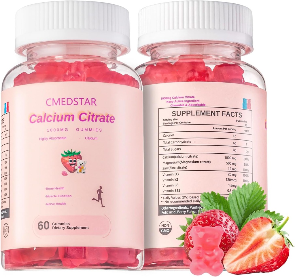Chewable Calcium Citrate Gummies 1000mg with Vitamin D3 & K2, B6 & B12, Magnesium, Zinc for Bones, Muscles & Joints,Immunity & Memory Support,Sugar-Free, Gluten Free, Vegetarian, Strawberry, 60 Count