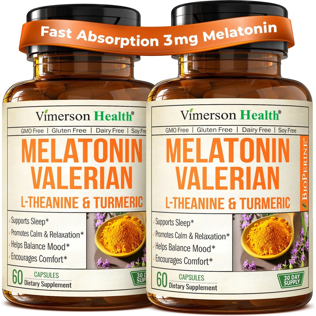 Μελατονίνη Sleep Aid with L Theanine & Valerian Root – Turmeric Supplement – Κουρκουμίνη με Τζίντζερ & Μαύρο Πιπέρι – L-Θεανίνη & Μελατονίνη 3mg για τον ύπνο, την ηρεμία και το στρες Relief – 2 Pack