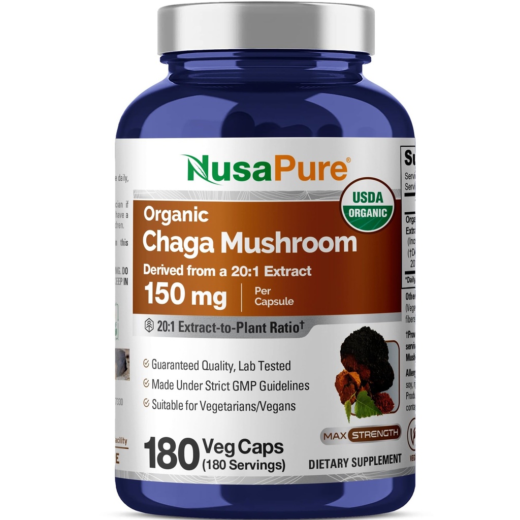 NusaPure Chaga Mushroom 20:1 Extract, 150 mg Ισοδύναμο με 3.000 mg ανά κάψουλα Veggie, 180 Count, USDA Organic, Vegan, Non-GMO