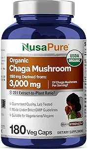 NusaPure Chaga Mushroom 20:1 Extract, 150 mg Equivalent to 3,000mg per Veggie Capsule, 180 Count, USDA Organic, Vegan, Non-GMO