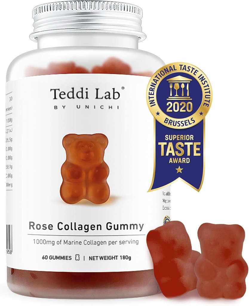 Unichi Rose Collagen Gummy, 1000mg υψηλής έντασης Marine Collagen Gummy Συμπληρώματα για γυναίκες με Collagen Peptides, Rose Petals, Acerola Cherry, Rosehip, 60 Count