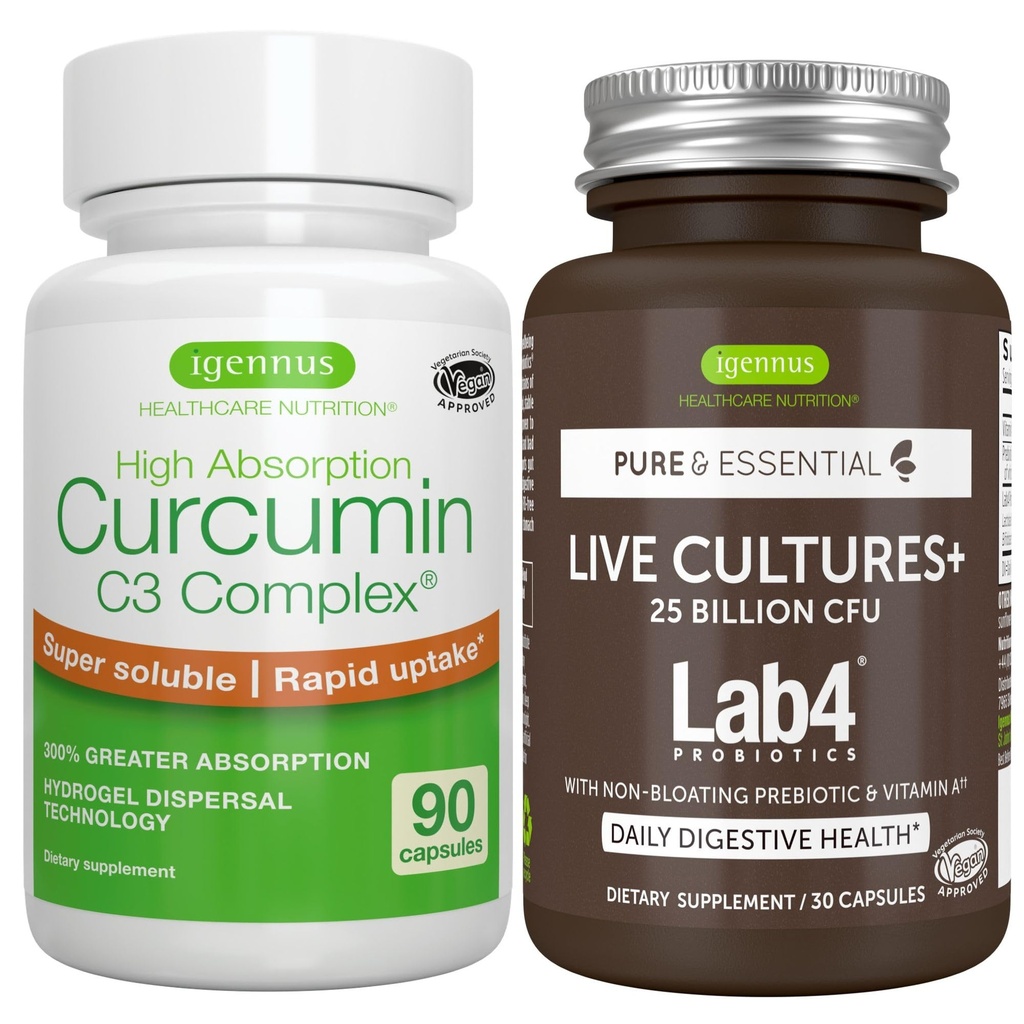 Ζωντανές κουλτούρες+ Lab4 Probiotics + Υψηλή απορρόφηση C3 Curcumin Complex Vegan Bundle, 25 δισεκατομμύρια CFU Probiotic, Μη-Bloating Prebiotic + 300% Μεγαλύτερη απορρόφηση Κουρκουμινοειδή με ταχεία πρόσληψη, By Igennus