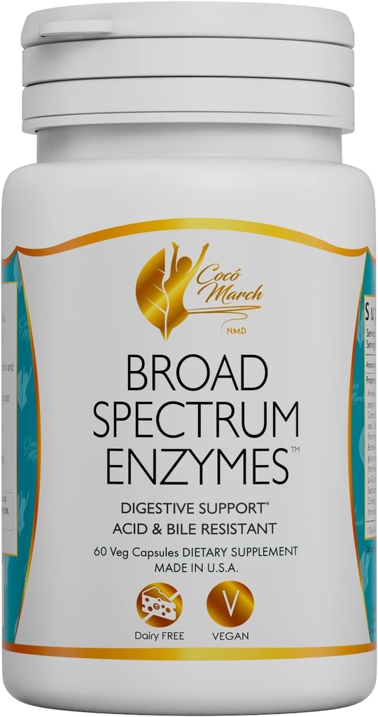Cocó March N.M.D Broad Spectrum Enzymes- 18 Enzymes for Gluten-Lactose-Digestive Support -Adult & Children Acid and Bile Resistant - Dairy Free, Vegan, 460 mg Proprietary Blend, 60 Capsules