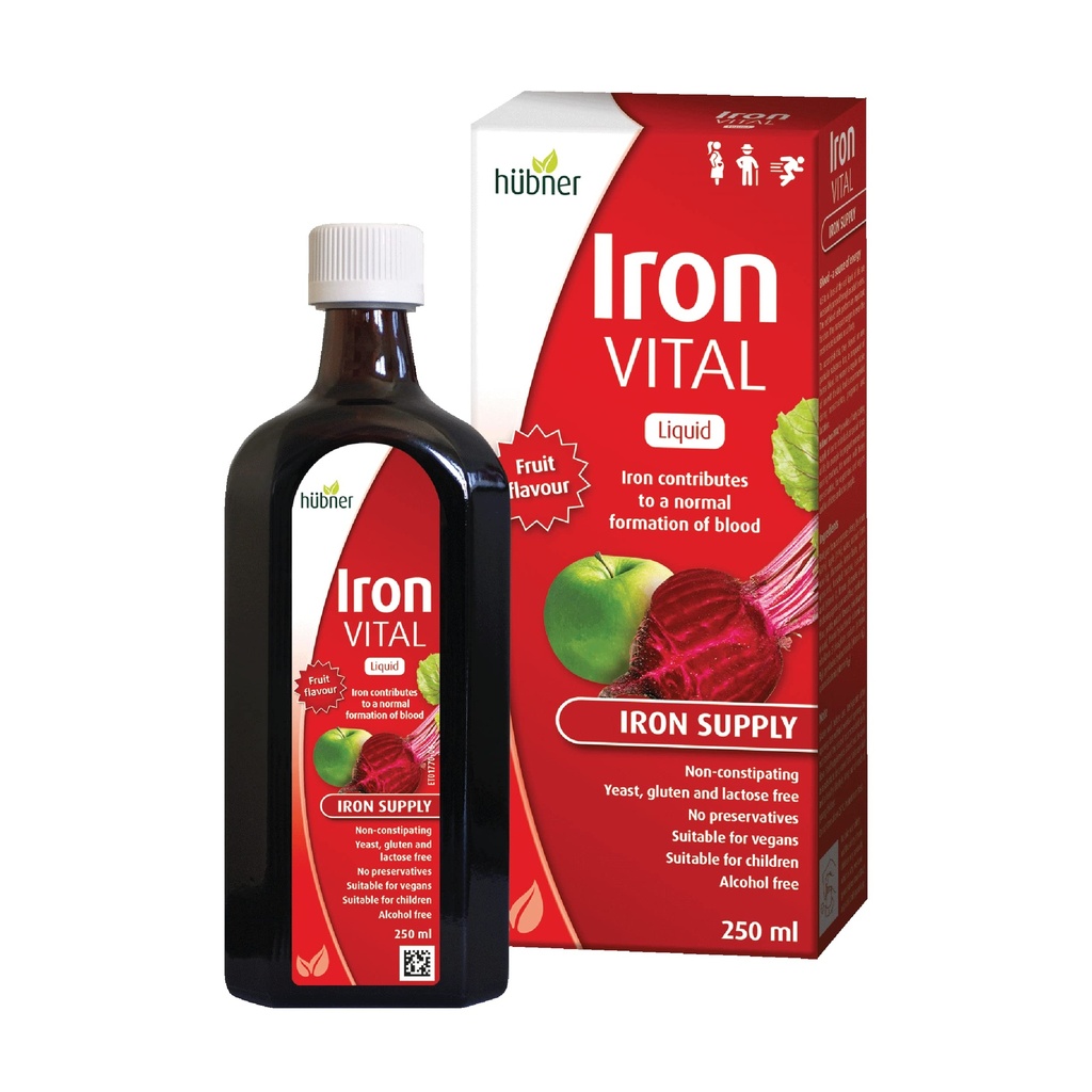 Hübner Iron Vital Liquid Iron Supply Plus Βιταμίνη C, Συμπλήρωμα διατροφής για ενήλικες και παιδιά, Vegan και χωρίς γλουτένη, Fruit Flavor, μπουκάλι 250 ml, 25 σερβιέτες
