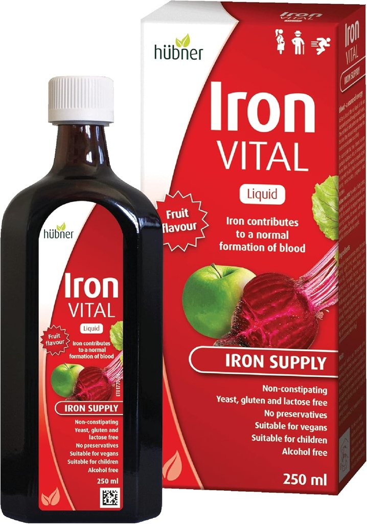 Hübner Iron Vital Liquid Iron Supply Plus Vitamin C, Dietary Supplement for Adults and Kids, Vegan and Gluten-Free, Fruit Flavor, 250 ml Bottle, 25 Servings