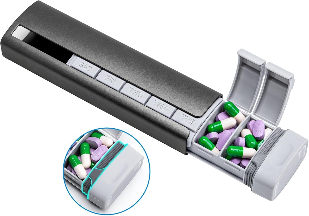 Daviky Metal Travel Pill Organizer, Premium Aluminum Pill Box 7 Day, Weekly Daily Pill Case, Stylish & Cute Pill Holder για φάρμακα, συμπληρώματα και βιταμίνες (Gray)