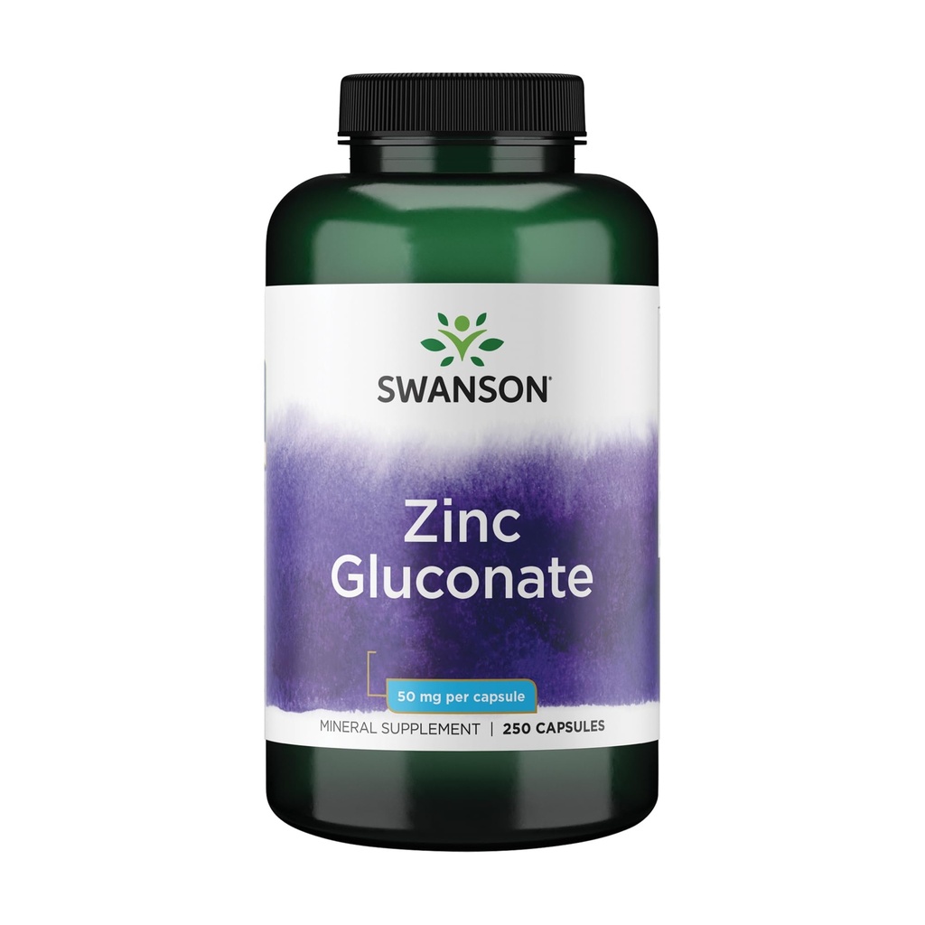Swanson Zinc Gluconate - Συμπλήρωμα Ορυκτών Προωθώντας την υγεία του προστάτη, την υγεία του οράματος, & την ανοσοποιητική υποστήριξη - Γλουκονική μορφή για βέλτιστη απορρόφηση - (250 κάψουλες, 50mg το καθένα)