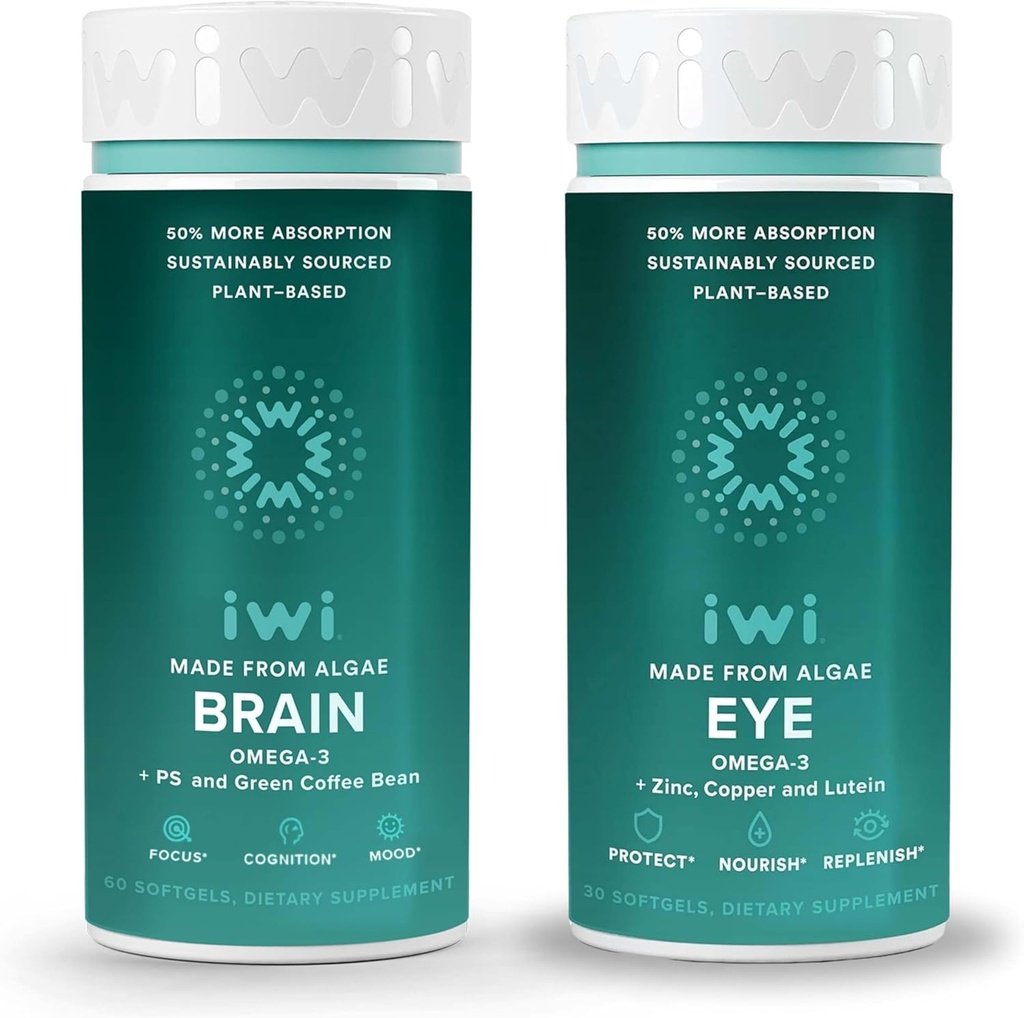Iwi Life Brain & Eye Omega-3 Bundle, 30 υπηρεσίες, Vegan Plant-based Algae Omega 3 with EPA + DHA, Krill & Fish Oil Alternative, Χωρίς ψαρική επίγευση
