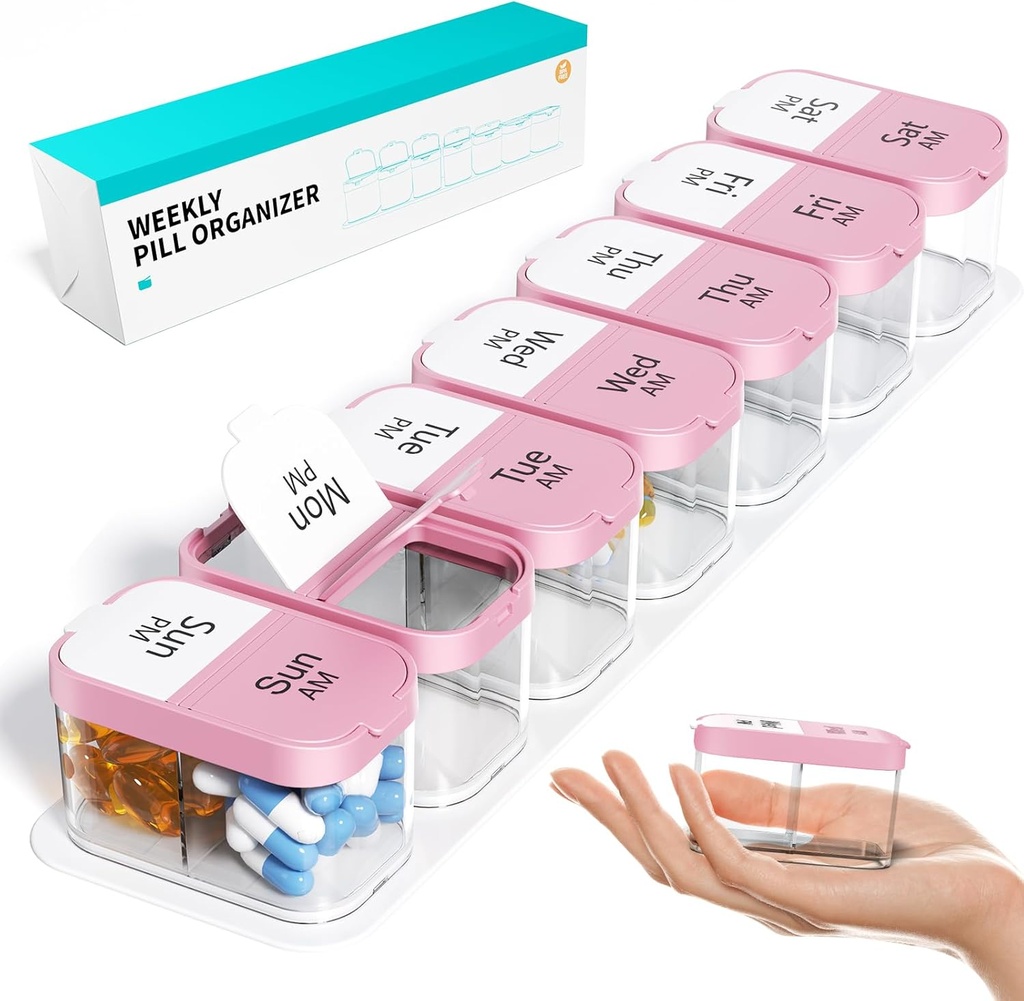 Odaro Extra Large Weekly Pill Organizer 2 φορές την ημέρα, κουτί χάπια 7 ημέρες Am Pm για να κρατήσει καθημερινή ιατρική βιταμίνη και συμπληρώματα - ροζ